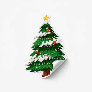 'Yılbaşı Çam Ağacı' Sticker - Renkli Işıklar ve Karlı Tasarım (4x8 cm) - 70 Adet - KoliciAbla